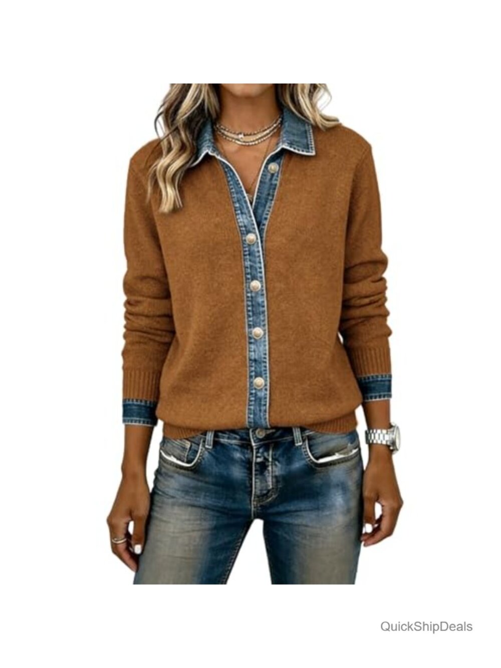 Womens Denim Cardigan Sweater Patchwork Cropped Knit Shacket Button V-Neck Long